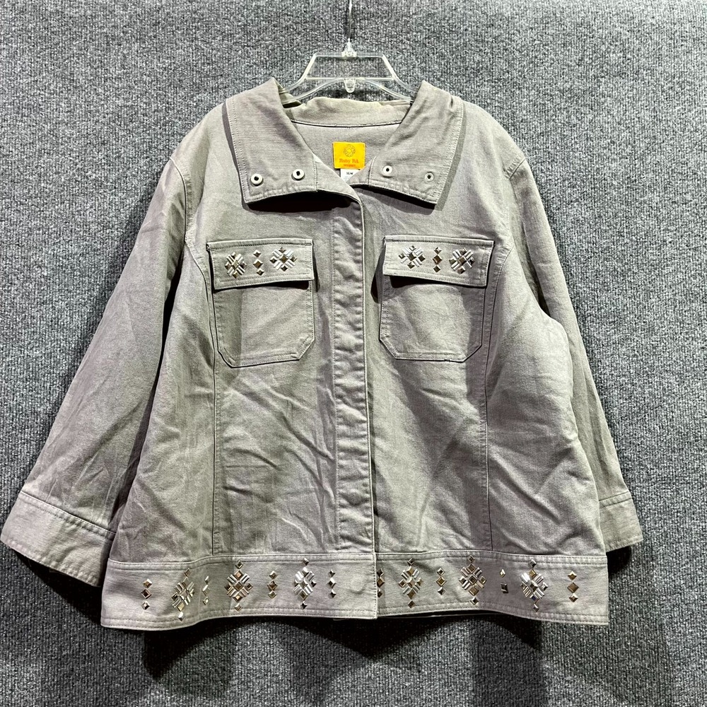 Ruby Rd. Jacket Womens 16W Gray Denim Embellished Studded Button Front Winter
